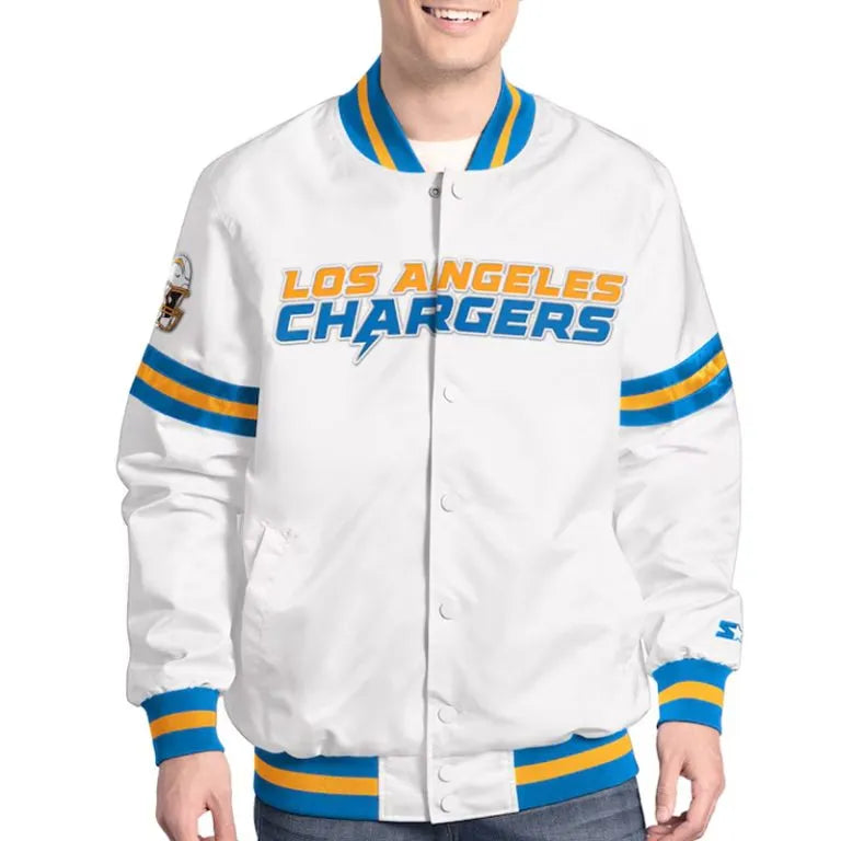 Los Angeles Chargers Scout Full-Snap Varsity White Satin Men's Bomber Jacket
