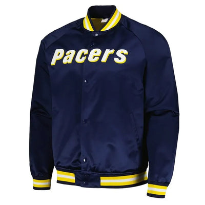 Indiana Pacers Throwback Wordmark Full-Snap Varsity Navy Blue Satin Men's Bomber Jacket