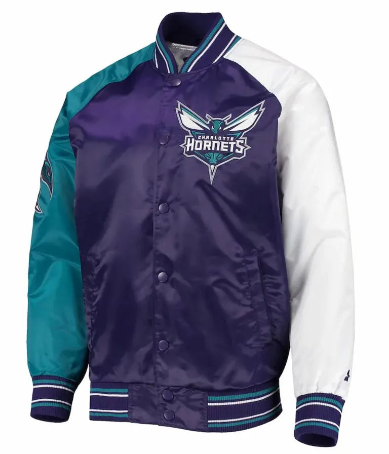 Charlotte Hornets Reliever Raglan Full-Snap Varsity Purple/Teal Satin Men's Bomber Jacket