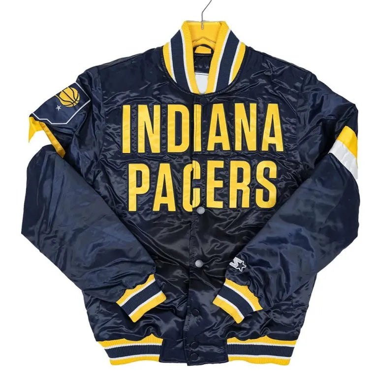 Indiana Pacers Home Game Full-Snap Varsity Navy Blue Satin Men's Bomber Jacket