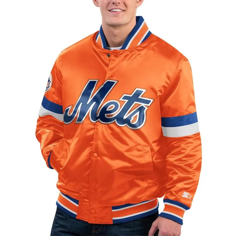 NY Mets Home Game Full-Snap Varsity Satin Orange Men's Jacket