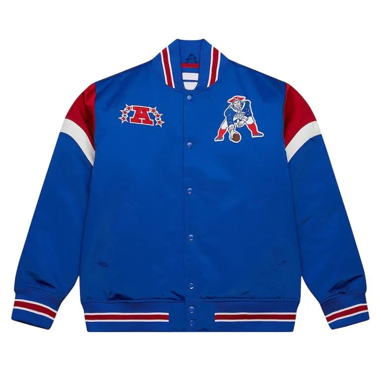 New England Patriots Midweight Full-Snap Varsity Royal Blue Satin Men's Bomber Jacket