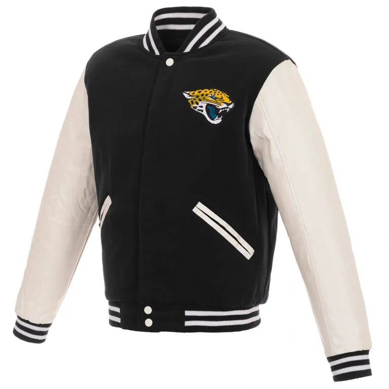 Jacksonville Jaguars Black Wool and White Genuine Leather Sleeves Men's Varsity Letterman Jacket