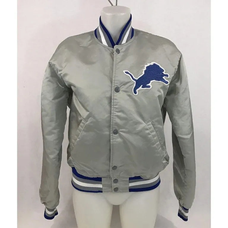 Detroit Lions Full-Snap Varsity Grey Satin Men's Bomber Jacket