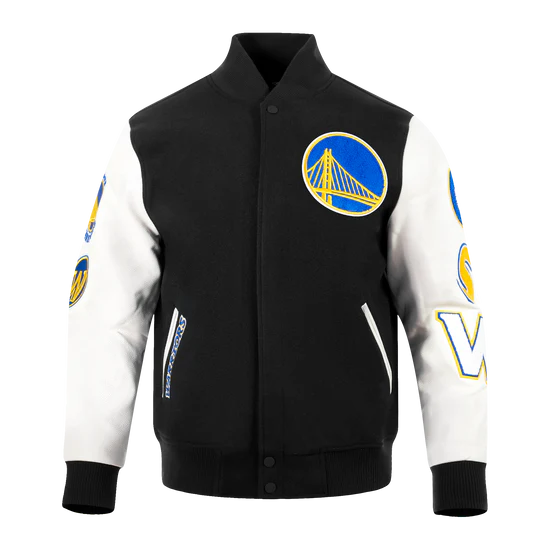 Golden State Warriors Varsity Black Wool & White Genuine Leather Sleeves Men's Bomber Jacket