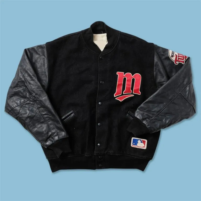 Minnesota Twins Vintage Full-Snap Varsity Black Wool/Leather Men's Jacket