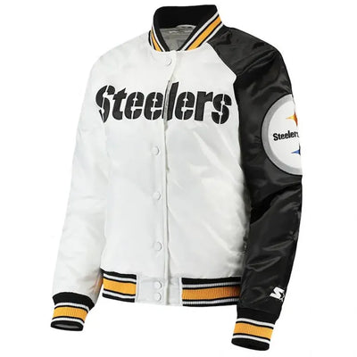 Pittsburgh Steelers Hometown Full-Snap Varsity Black and White Satin Men's Bomber Jacket