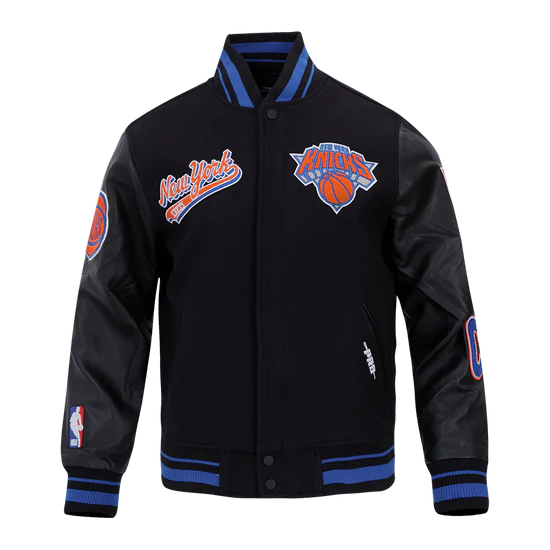 New York Knicks Script Tail Varsity Black Wool & Genuine Leather Sleeves Men's Letterman Jacket