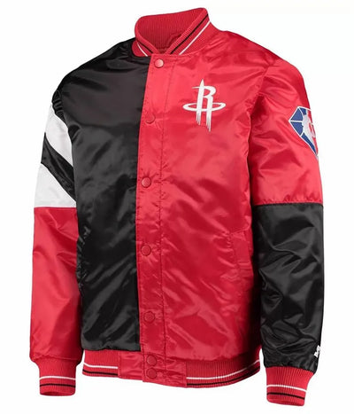 Houston Rockets Leader Full-Snap Varsity Black and Red Satin Men's Bomber Jacket