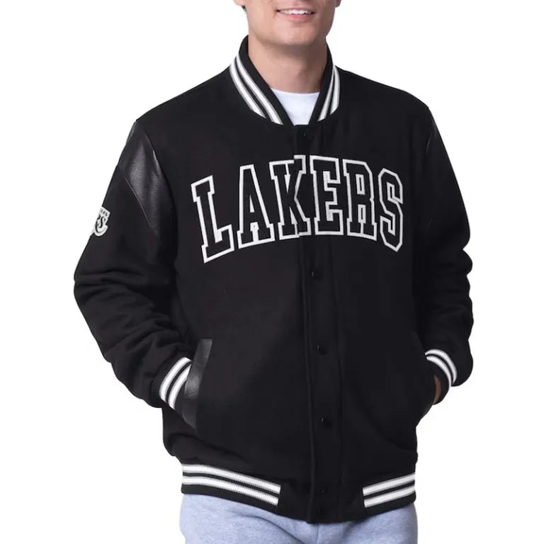 Los Angeles Lakers Clutch Hitter Varsity Black Wool & Genuine Leather Sleeves Men's Letterman Jacket