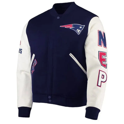New England Patriots Logo Navy Blue Wool and White Genuine Leather Sleeves Men's Varsity Letterman Jacket