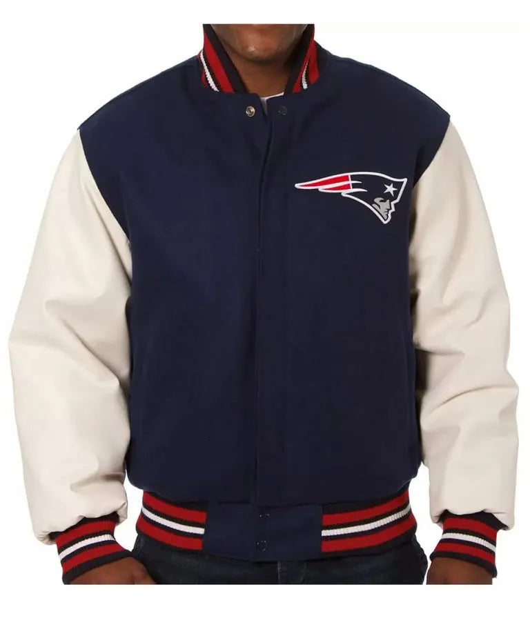 New England Patriots Navy Blue Wool and White Genuine Leather Sleeves Men's Varsity Letterman Jacket