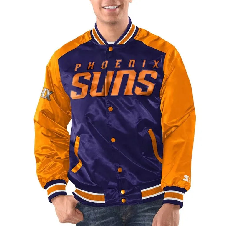 Phoenix Suns Renegade Full-Snap Varsity Orange and Purple Satin Men's Bomber Jacket