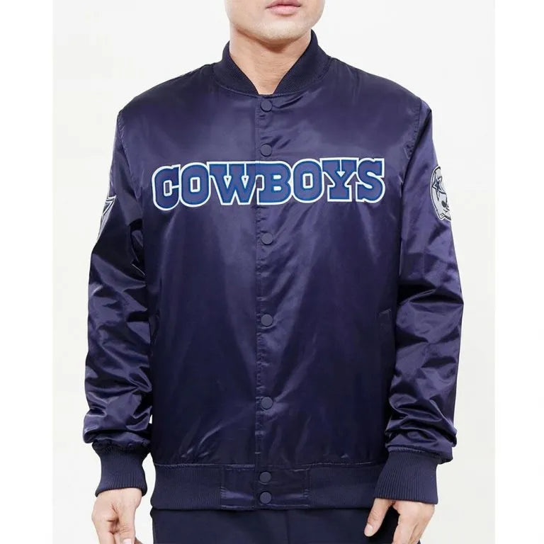 Dallas Cowboys Wordmark Full-Snap Varsity Navy blue Satin Men's Bomber Jacket
