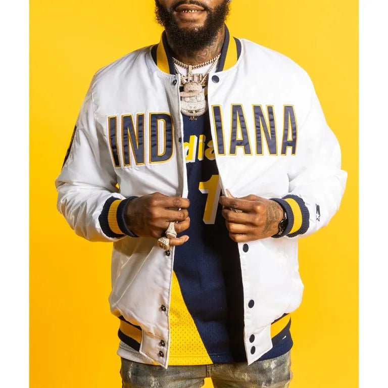 Indiana Pacers X Full-Snap Varsity White Satin Men's Bomber Jacket
