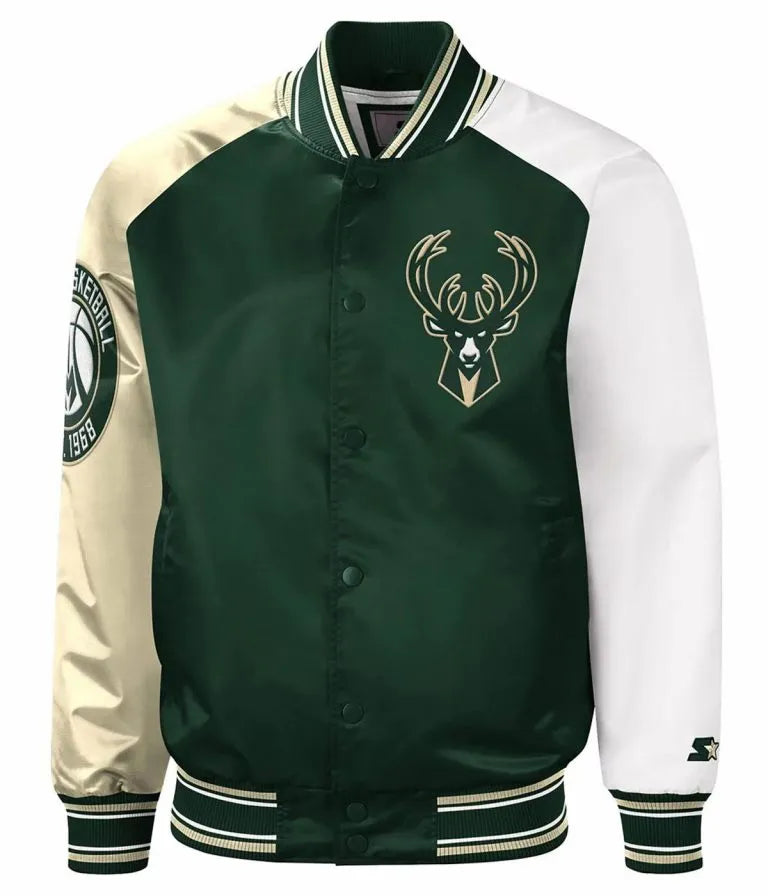 Milwaukee Bucks Hunter Full-Snap Varsity Tri Color Satin Men's Bomber Jacket