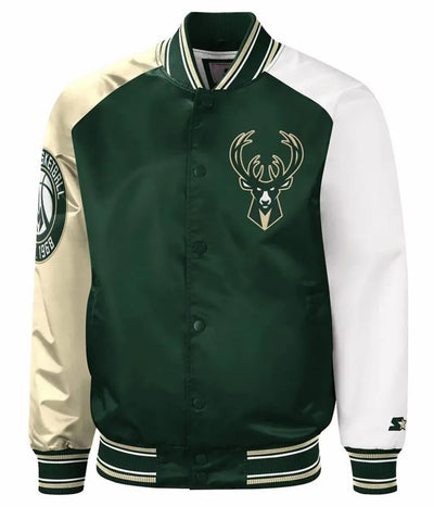 Milwaukee Bucks Hunter Full-Snap Varsity Tri Color Satin Men's Bomber Jacket
