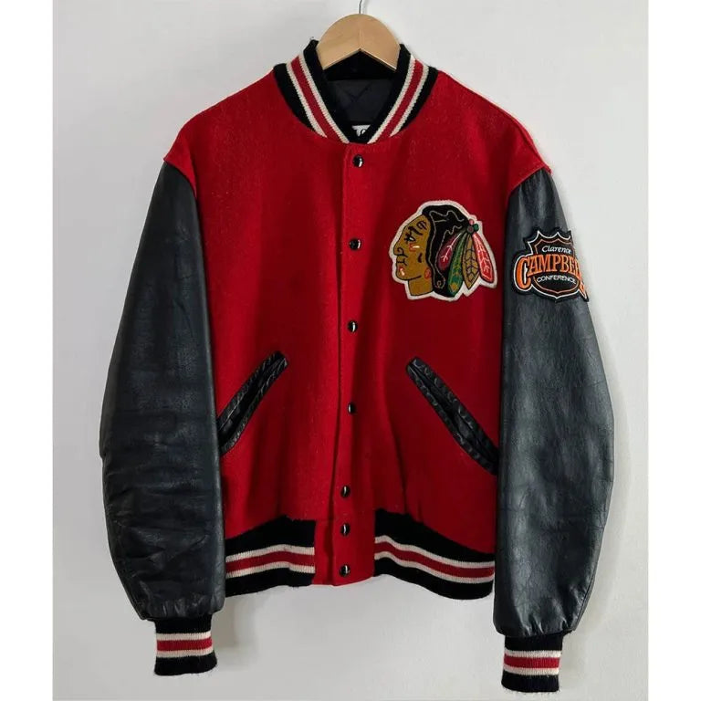 Chicago Blackhawks Campbell Red Wool & Black Genuine Leather Sleeves Men's Letterman Varsity Jacket