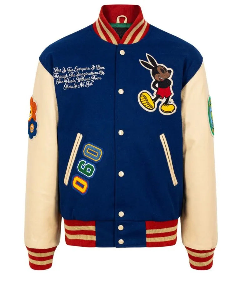 Mickey Mouse Ozzy Rello Blue Wool & Beige Genuine Leather Sleeves Men's Letterman Varsity Jacket