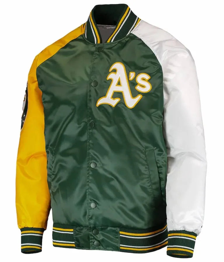 Oakland Athletics Reliever Raglan Full-Snap Green/Yellow Satin Men's Jacket