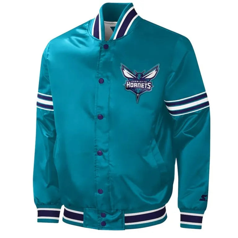 Charlotte Hornets Slider Full-Snap Varsity Teal Satin Men's Bomber Jacket
