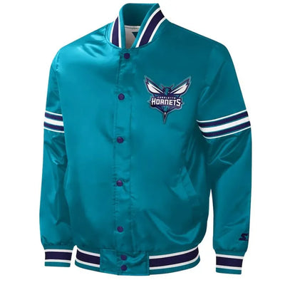 Charlotte Hornets Slider Full-Snap Varsity Teal Satin Men's Bomber Jacket