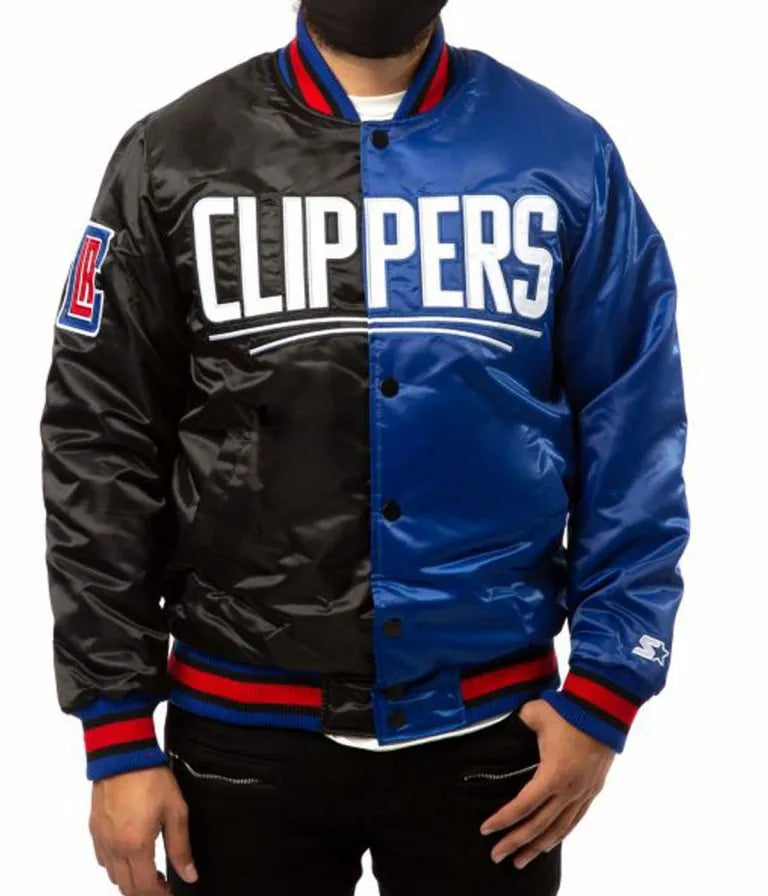 Los Angeles Clippers Full-Snap Varsity Black and Blue Satin Men's Bomber Jacket