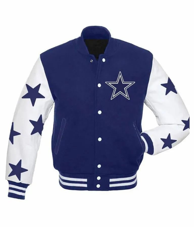 Dallas Cowboys Stars Royal Blue Wool & White Genuine Leather Sleeves Men's Varsity Jacket