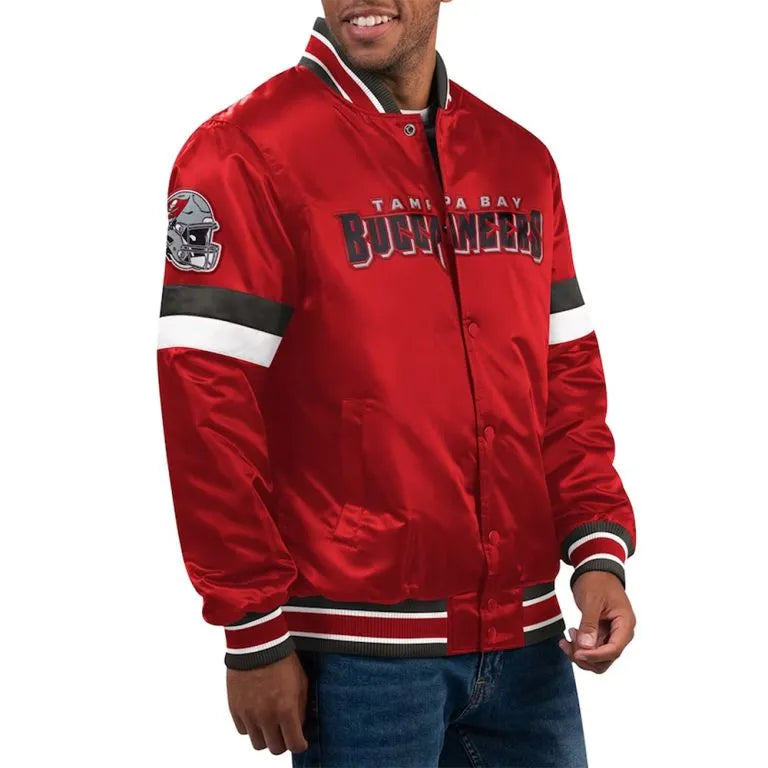 Tampa Bay Buccaneers Home Game Full-Snap Varsity Red Satin Men's Bomber Jacket