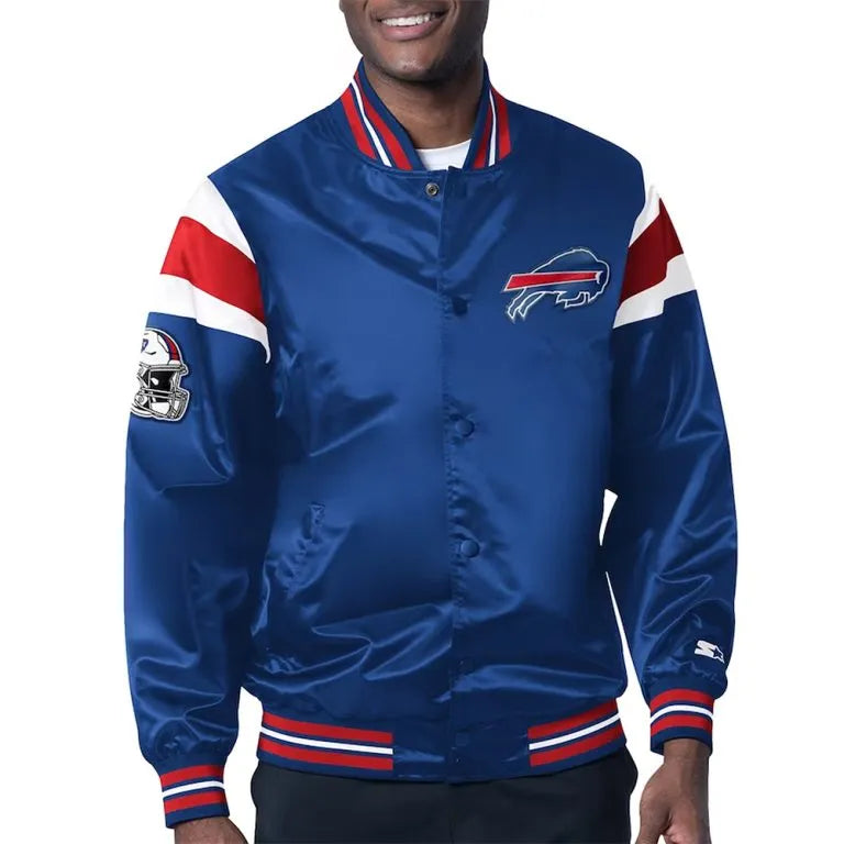 Buffalo Bills Helmet Midweight Full-Snap Varsity Royal Blue Satin Men's Bomber Jacket