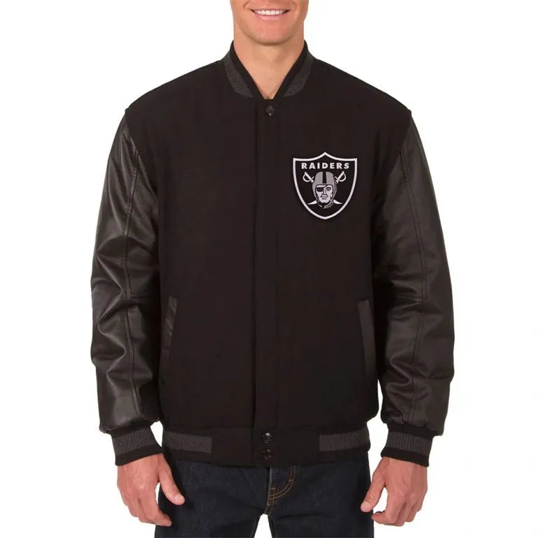 Los Vegas Raiders Embroidered Black Wool and Genuine Leather Sleeves Men's Varsity Letterman Jacket