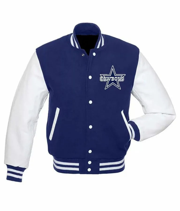 Dallas Cowboys Royal Blue Wool & White Genuine Leather Sleeves Men's Varsity Jacket