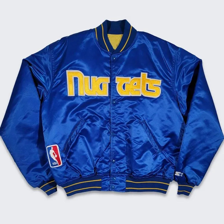 90’s Denver Nuggets Full-Snap Varsity Blue Satin Men's Bomber Jacket
