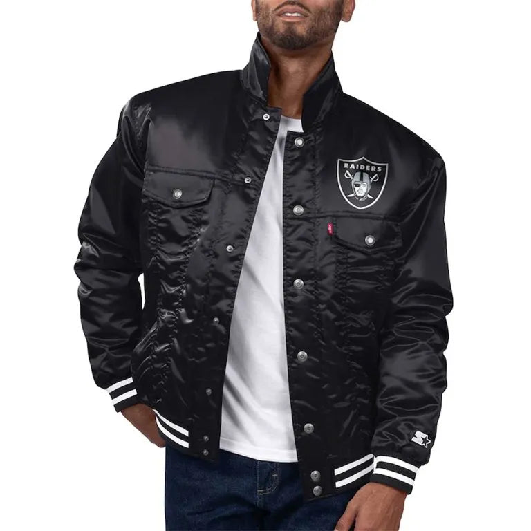 Los Angeles Raiders Silver Tab Trucker Full-Snap Varsity Black Satin Men's Bomber Jacket