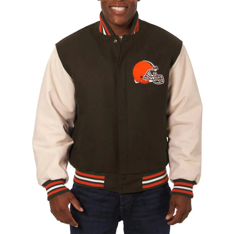 Cleveland Browns Domestic Brown Wool & Cream Genuine Leather Sleeves Men's Varsity Jacket