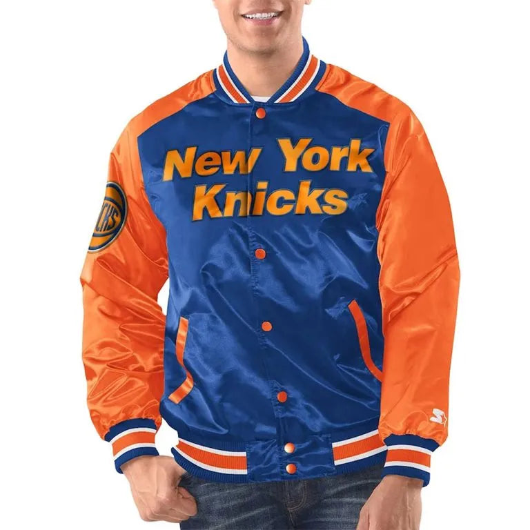 New York Knicks Renegade Full-Snap Varsity Blue/Orange Satin Men's Bomber Jacket