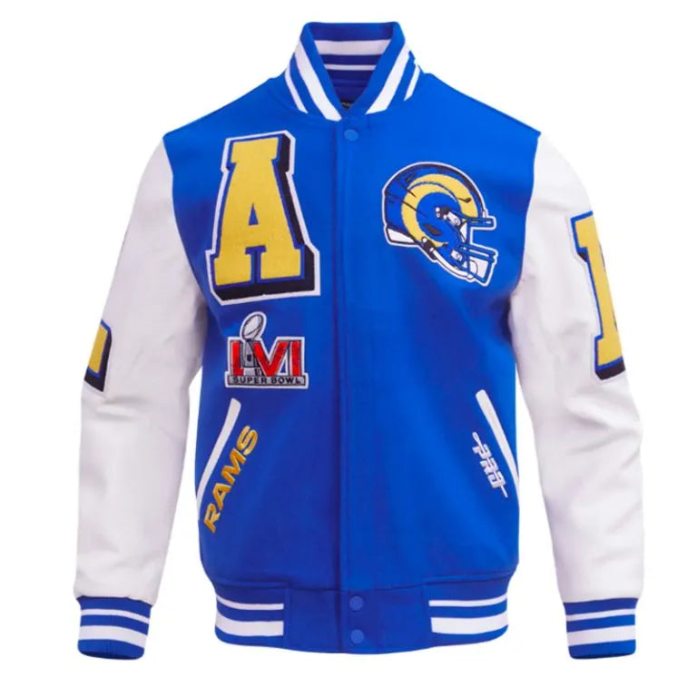 Los Angeles Rams Mashup Royal Blue Wool and White Genuine Leather Sleeves Men's Varsity Letterman Jacket