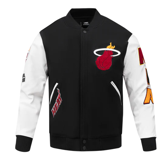 Miami Heat Mashup Logo Varsity Black Wool & White Genuine Leather Sleeves Men's Jacket