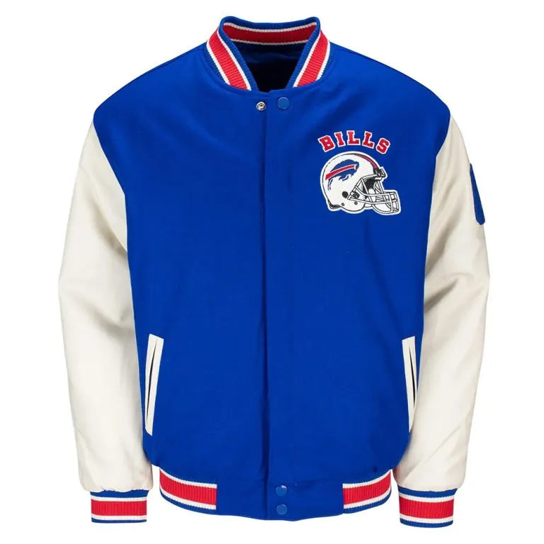 60 Buffalo Bills Royal Blue Wool and White Leather Sleeves Varsity Men's Letterman Jacket