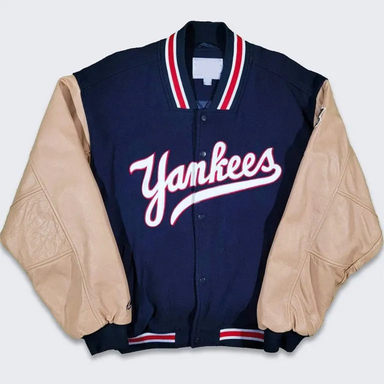 NY Yankees Y2K World Series Varsity Navy Blue Wool & Beige Leather Men's Jacket
