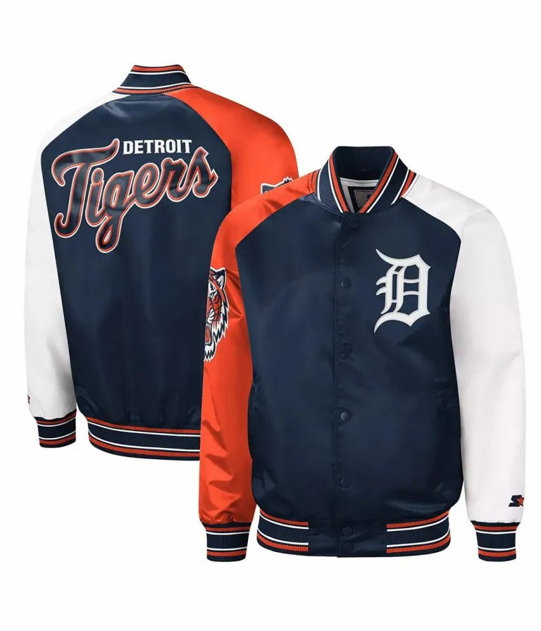 Detroit Tigers Reliever Raglan Blue/Orange Satin Full-Snap Men's Jacket