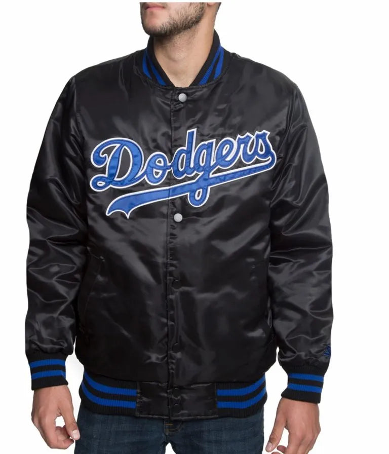 LA Dodgers Bomber Blue Patches Black Satin Men's Jacket