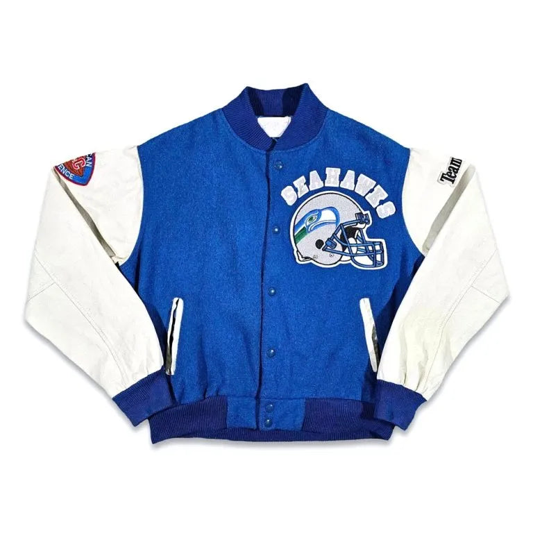 80’s Seattle Seahawks Royal Blue Wool & White Genuine Leather Sleeves Men's Varsity Letterman Jacket