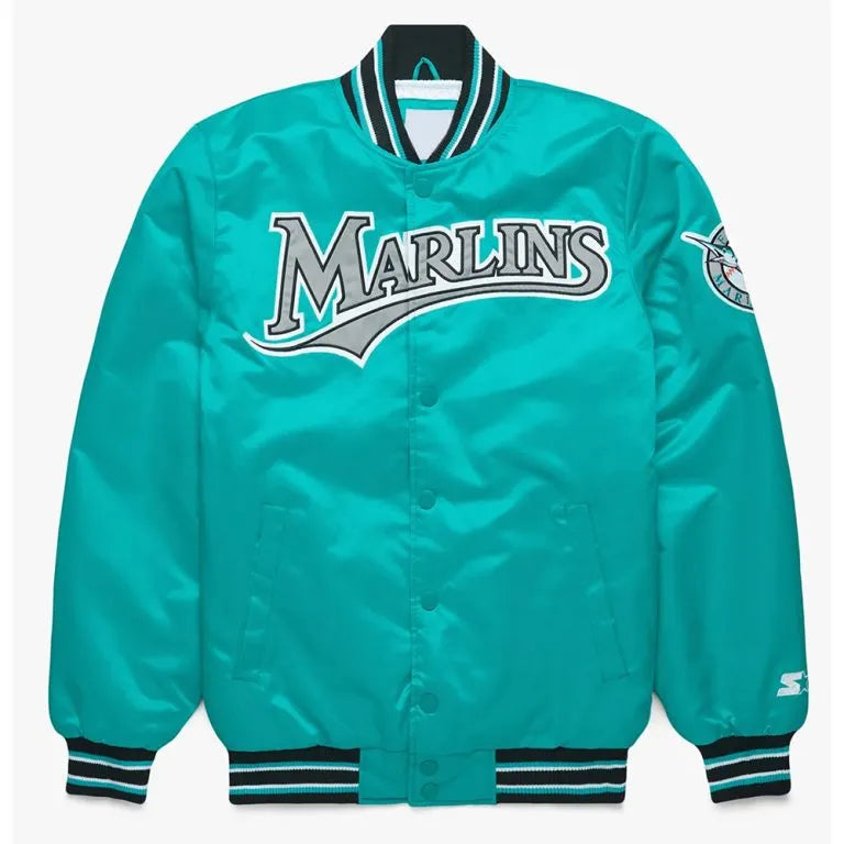 Miami Marlins Classic Full-Snap Varsity Teal Satin Men's Jacket