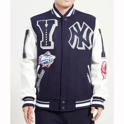New York Yankees Mash Up Blue Wool & White Leather Sleeves Full-Zip Varsity Men's Jacket
