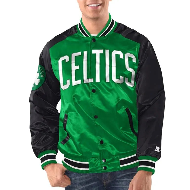 Boston Celtics Renegade Full-Snap Varsity Black/Kelly Green Satin Men's Bomber Jacket