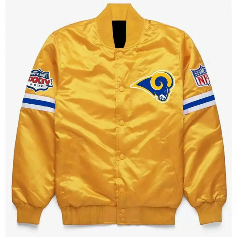 Los Angeles Rams Super Bowl XXXIV Full-Snap Varsity Yellow Satin Men's Bomber Jacket