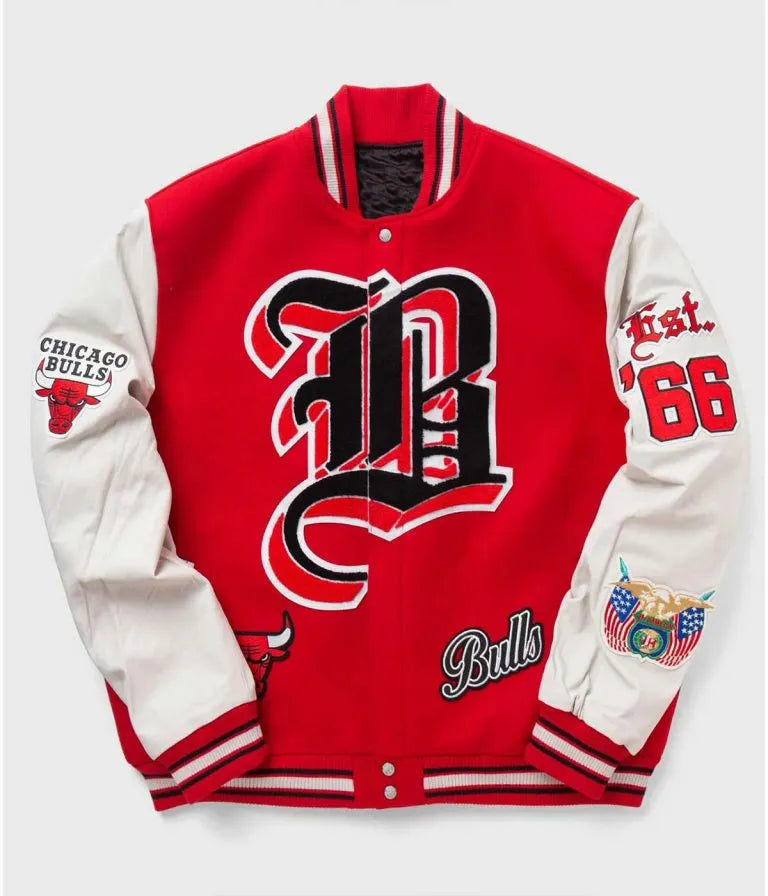 Chicago Bulls Red Wool & White Genuine Leather Sleeves Men's Varsity Letterman Jacket