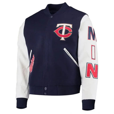 Minnesota Twins Navy Blue Wool & White Leather Sleeves Varsity Men's Jacket
