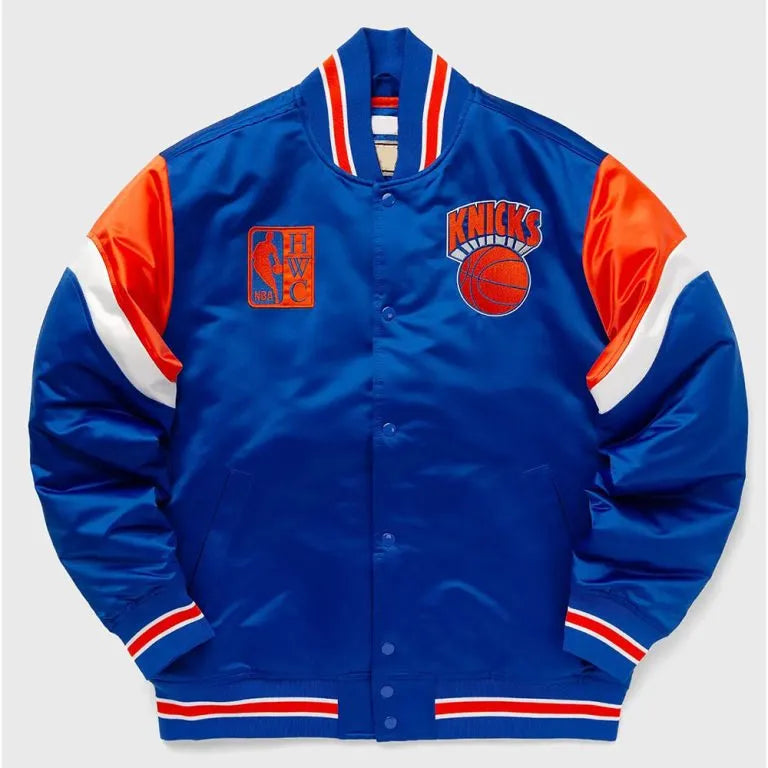 New York Knick Heavyweight Full-Snap Varsity Royal Blue Satin Men's Bomber Jacket